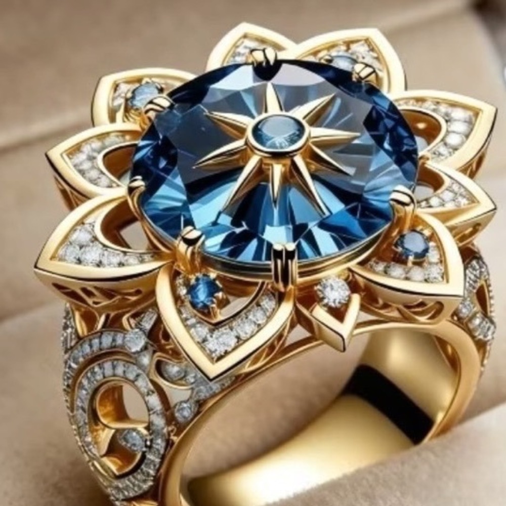 Gold Tone Blue Lotus Flower Cocktail Ring Starburst Statement Filigree Band Sz9